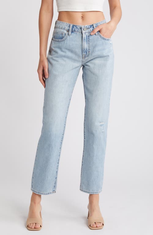 Ripped Mid Rise Straight Leg Jeans in Light Wash