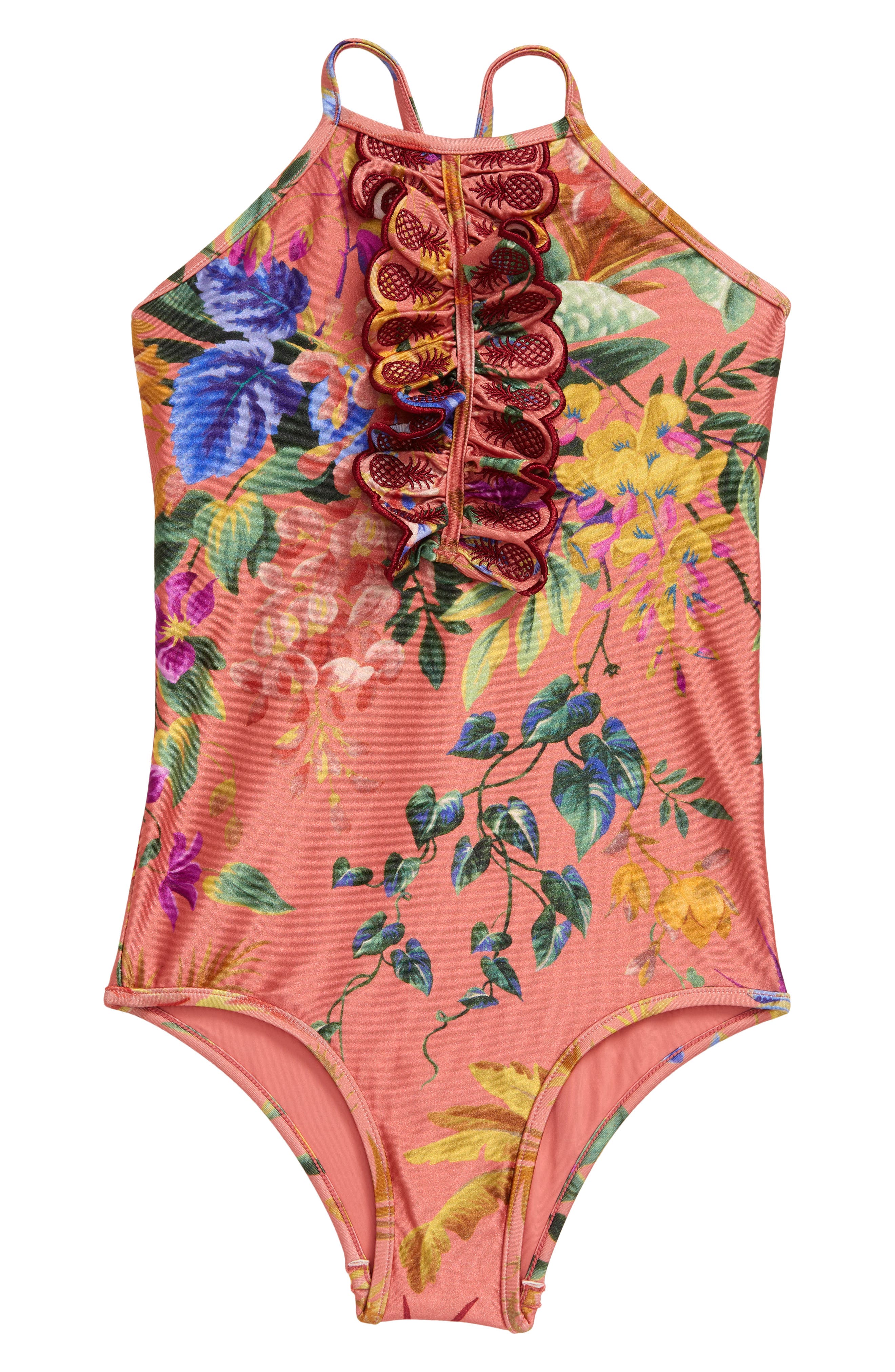 Zimmermann Kids' Tropicana Embroidered One-Piece Swimsuit in Coral Floral at Nordstrom, Size 6Y Us