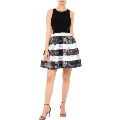 Xscape Floral Stripe Fit & Flare Dress, Black