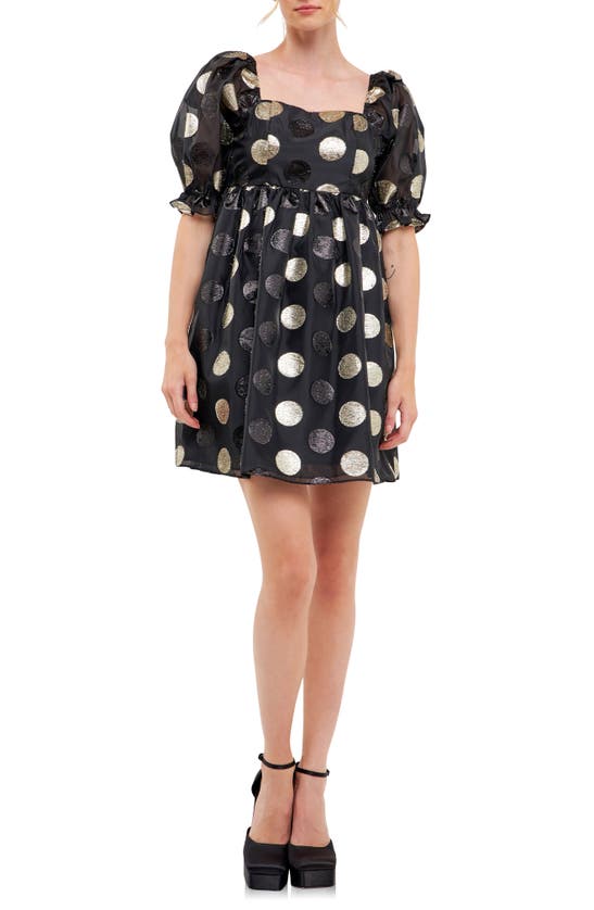 Shop English Factory Metallic Dot Puff Sleeve Organza Minidress In Black