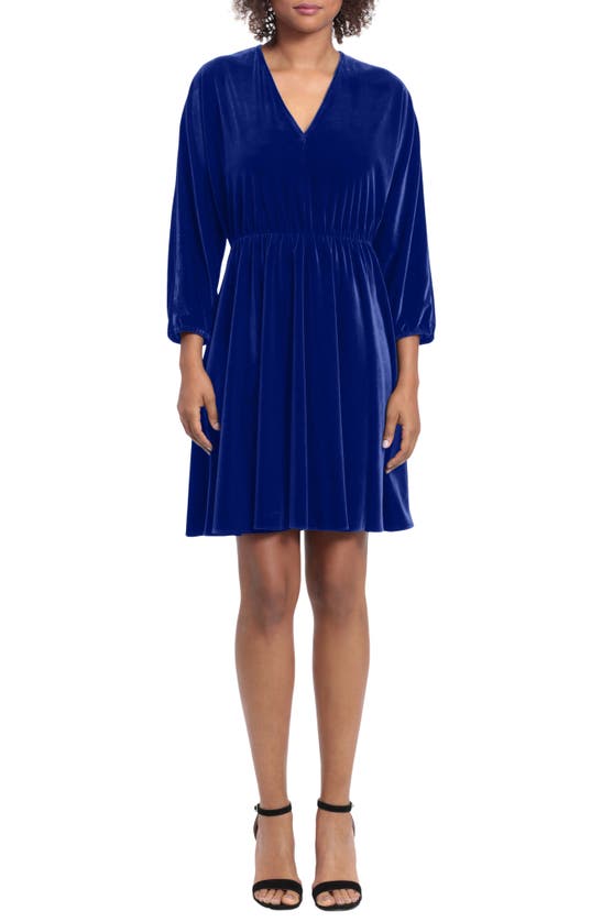 London Times Velvet Long Sleeve Fit & Flare Dress In Blue