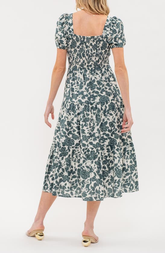 Shop August Sky Floral Puff Sleeve Smocked Midi Dress In Forest Green