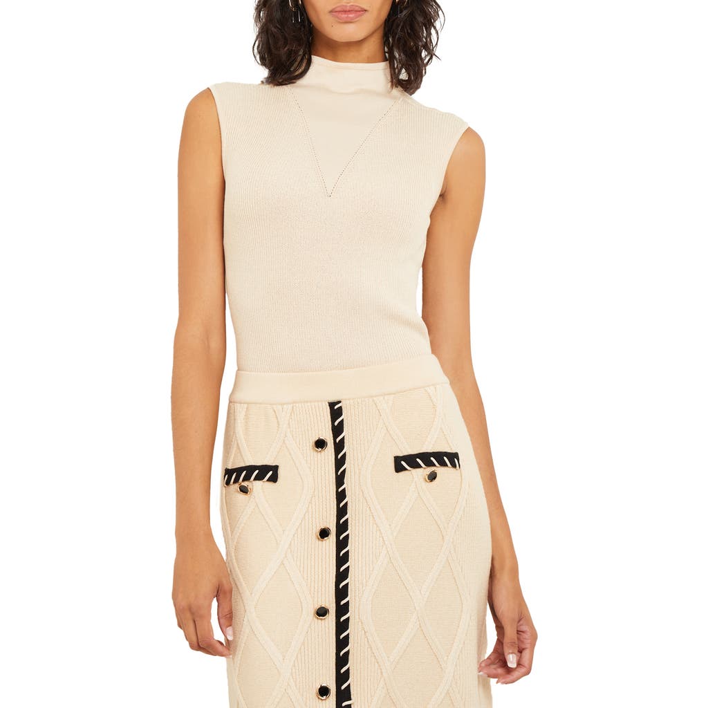 Misook Mock Neck Sleeveless Rib Top In Biscotti