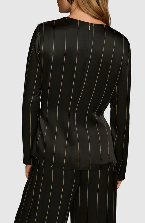 Shop Donna Karan New York Pinstripe Long Sleeve Tie Waist Satin Top In Black/ivory