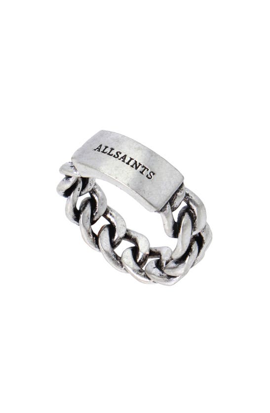 Shop Allsaints Sterling Silver Id Curb Chain Ring In Warm Silver