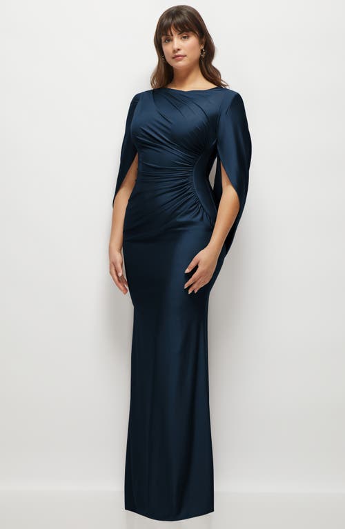 After Six Cape Sleeve Satin Gown In Midnight