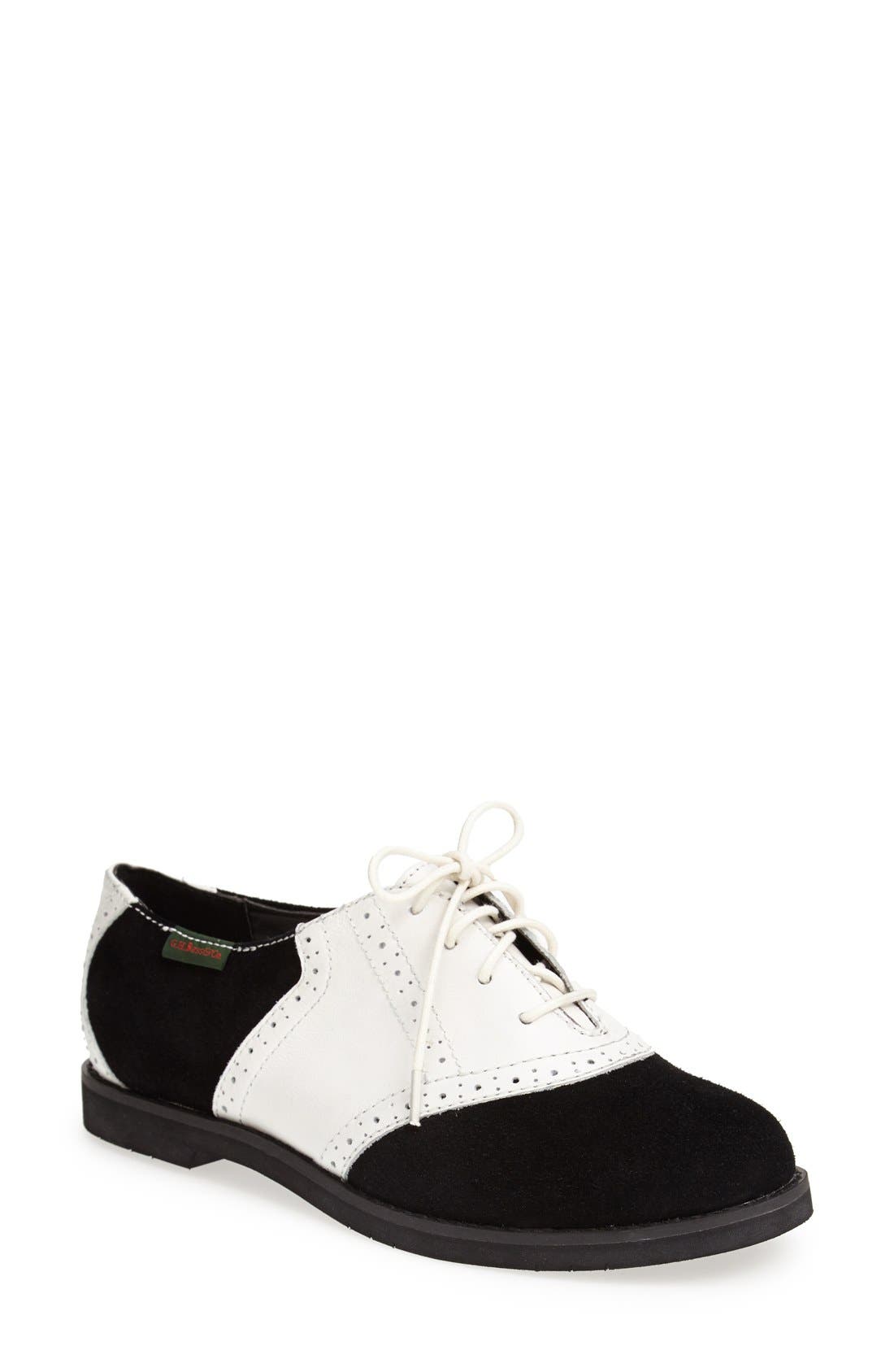 bass black and white saddle oxfords