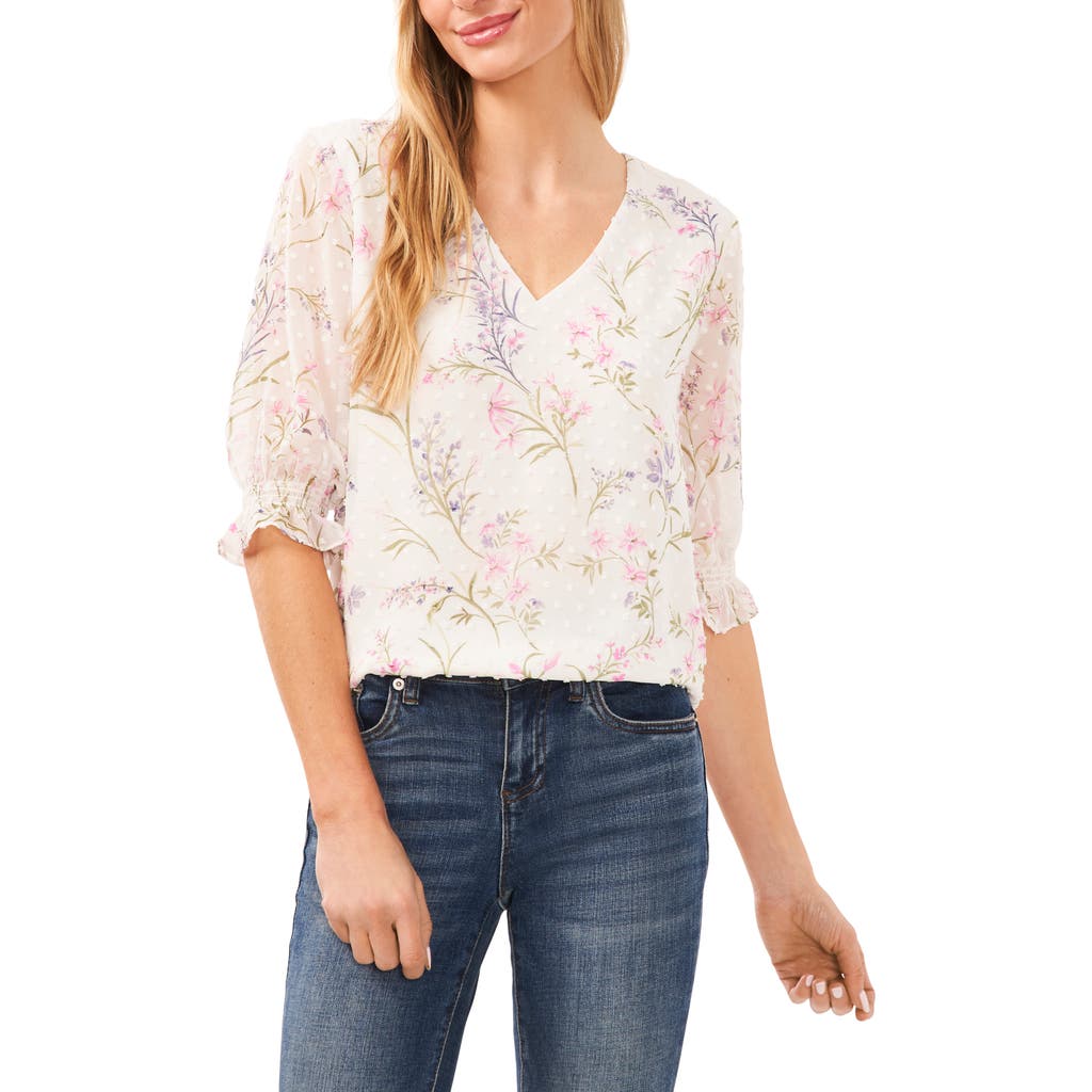 Shop Cece Floral Clip Dot Chiffon Top In New Ivory