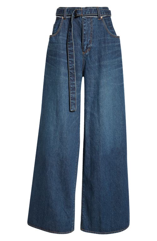 Shop Sacai Belted Wide Leg Jeans In Blue 401