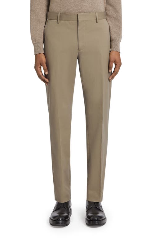 ZEGNA Flat Front Stretch Cotton Gabardine Trousers Khaki at Nordstrom, Us