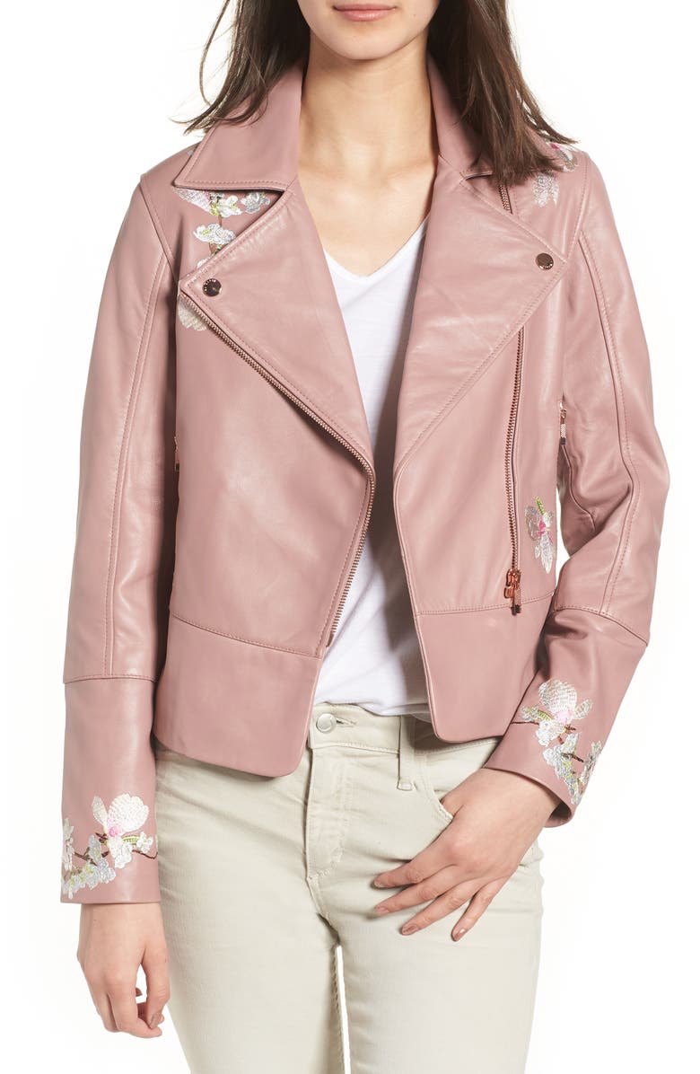 Ted Baker London Harmony Embroidered Leather Biker Jacket | Nordstrom