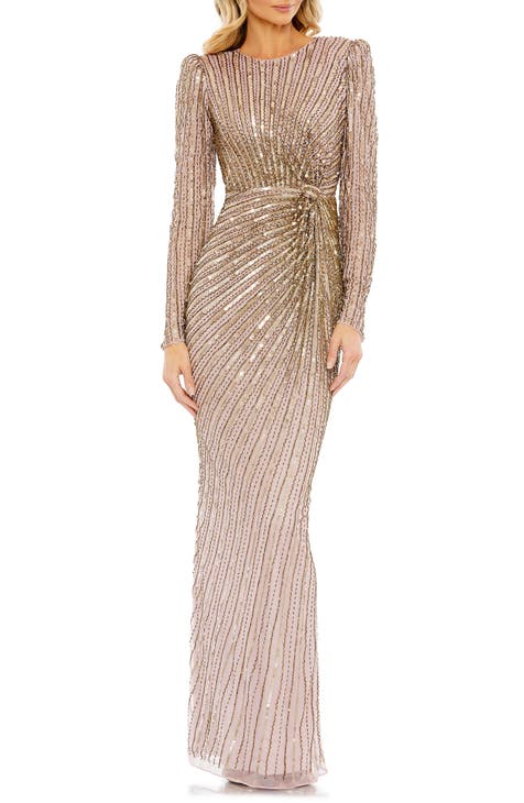 Sequin Stripe Long Sleeve Sheath Gown