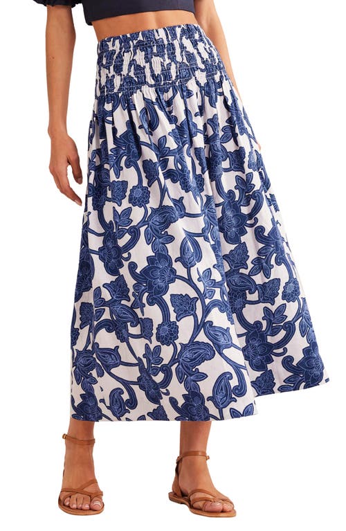Boden Floral Print Shirred Linen Skirt in Blue Ribbon Paisley Whirl