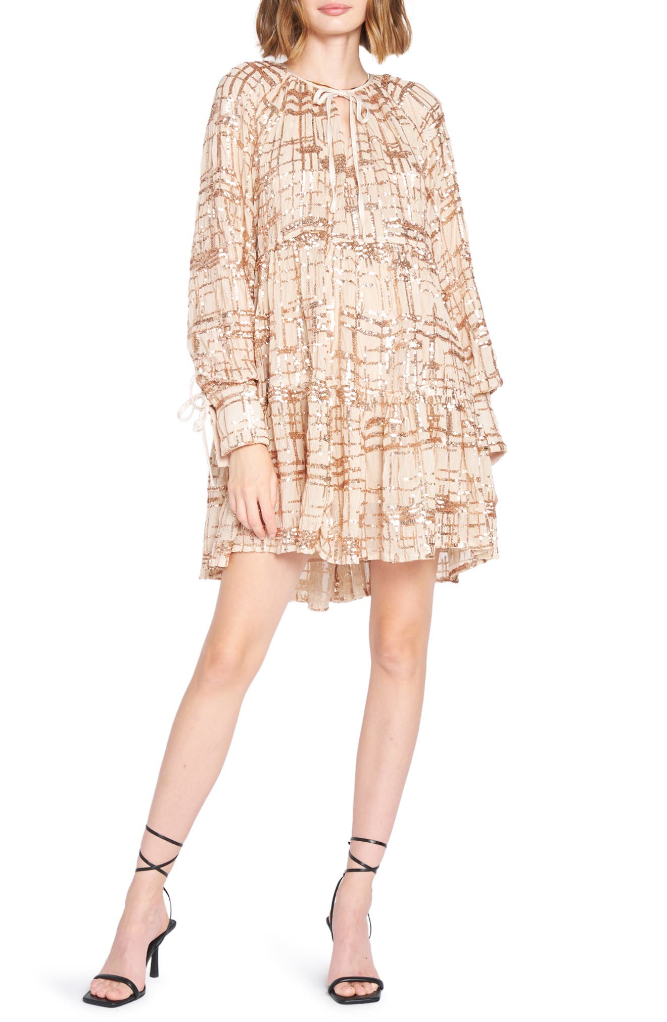 multi long sleeve plunge mirror embroidered dress