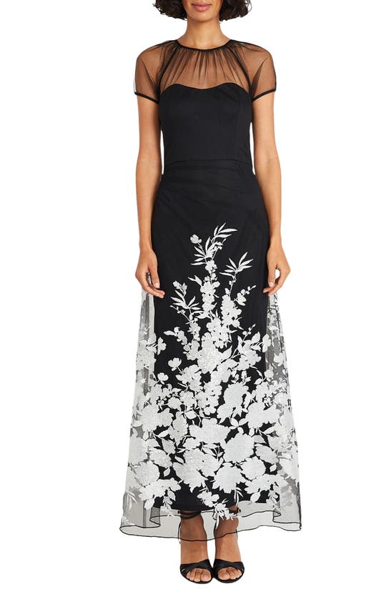 Maggy London Floral Appliqué Detail Mesh Gown In Black/ Silver