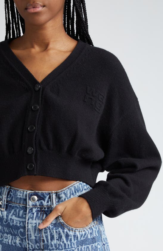 Shop Alexander Wang Embossed Logo Crop Cotton & Wool Cardigan In Black