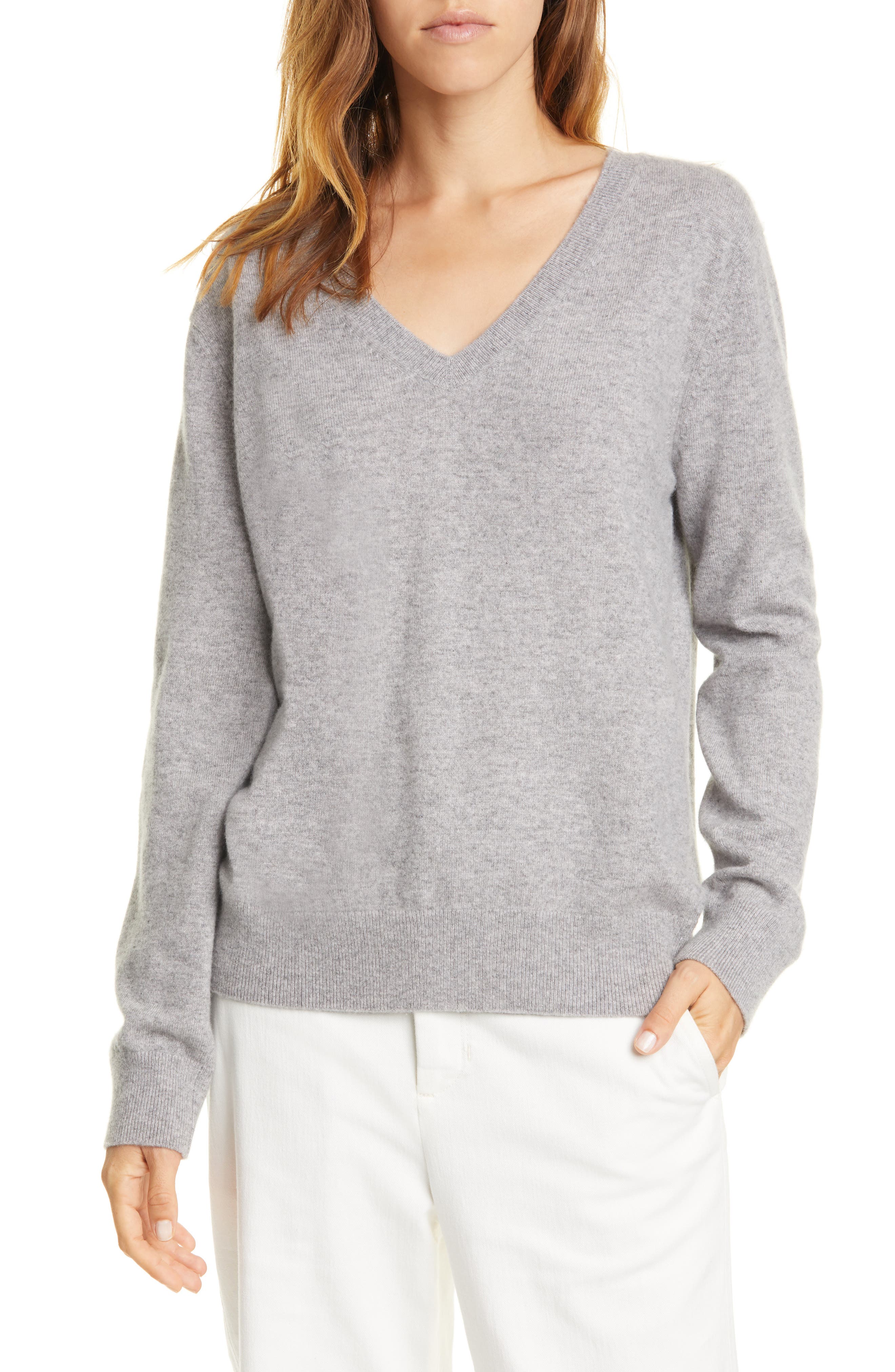Vince Weekend V-Neck Cashmere Sweater in Heather Steel