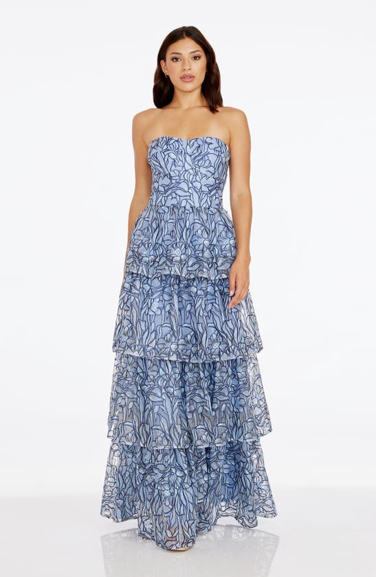 Shop Dress The Population Aubriella Beaded Floral Strapless Tiered Gown In Mineral Blue Multi