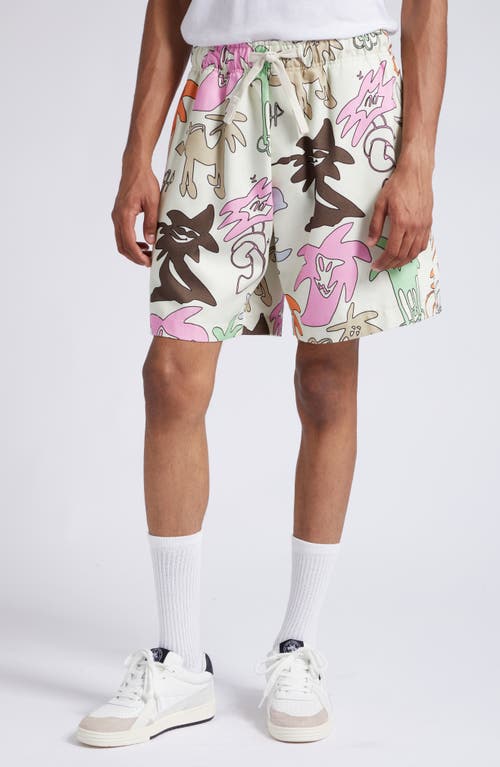 Palm Angels Palmity Print Linen & Cotton Shorts in Butter Multi
