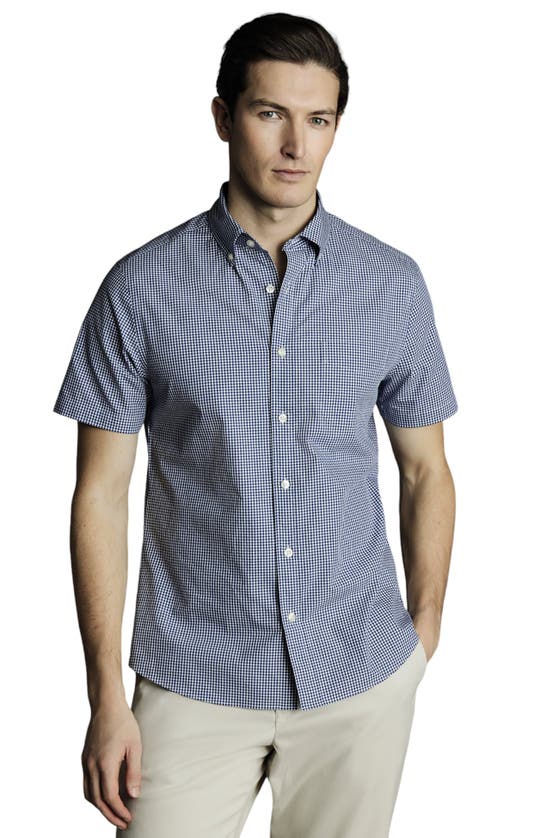 Shop Charles Tyrwhitt Slim Fit Button-down Collar Non-iron Stretch Mini Gingham Short Sleeve Shirt In French Blue