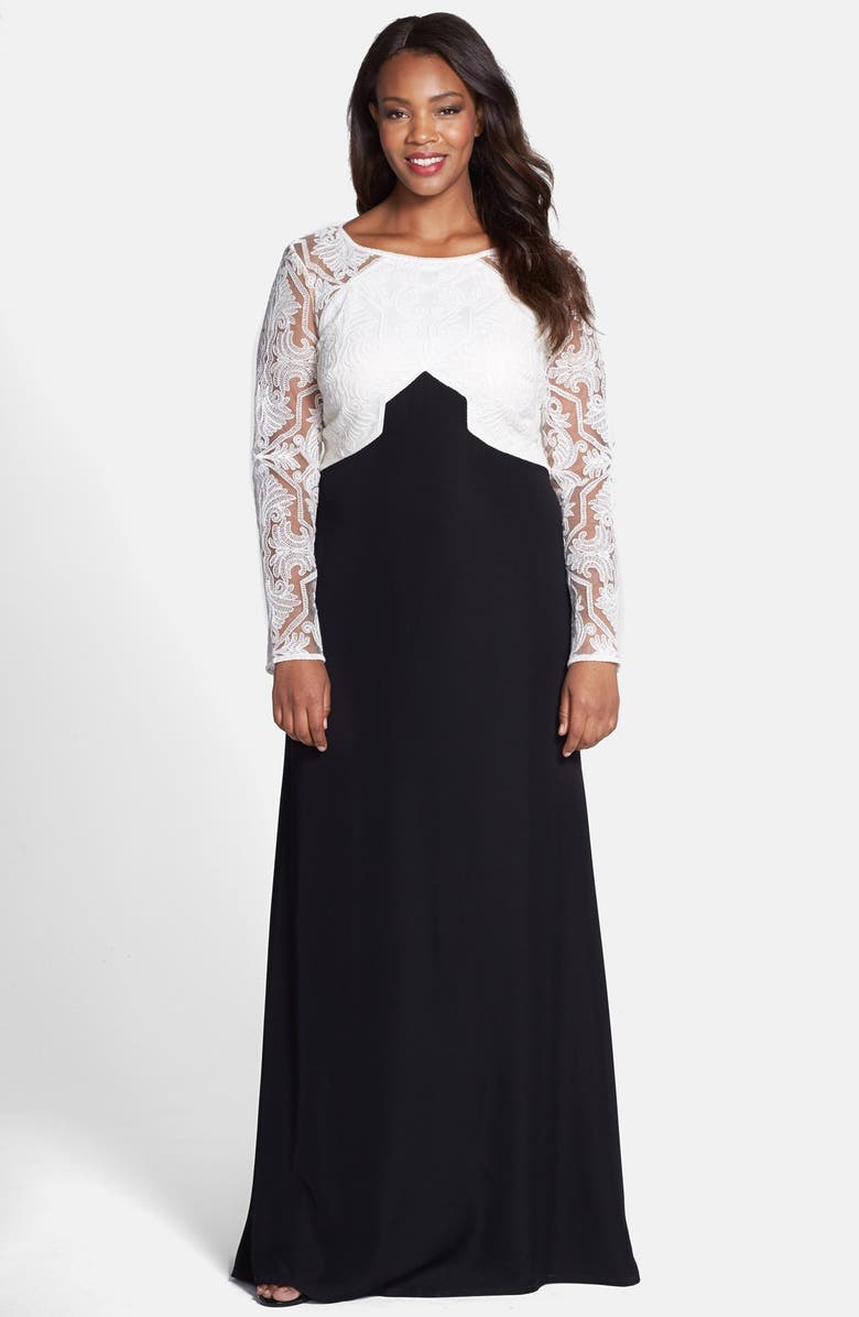 Tadashi Shoji Embroidered Colorblock Crepe Gown with Train (Plus Size ...