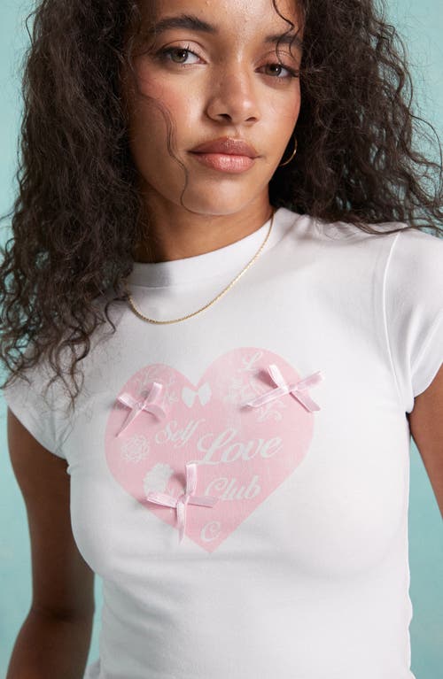 Shop Miss Selfridge Self Love Club Bow Graphic Baby Tee In White