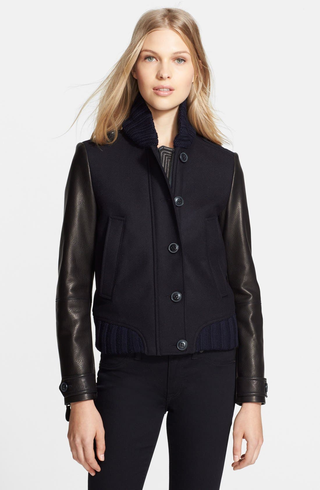 Burberry Brit 'Parrbridge' Leather Sleeve Wool Blend ...