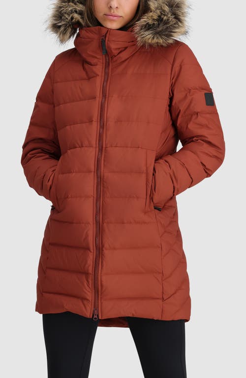 Shop Outdoor Research Coze Lux 700 Fill Power Down Parka With Faux Fur Trim Hood In Brick