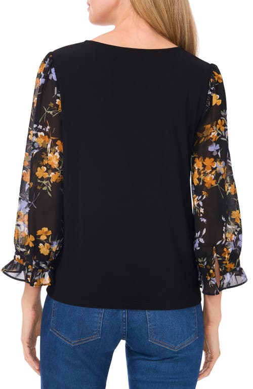 CECE CECE FLORAL SLEEVE V-NECK MIXED MEDIA TOP 