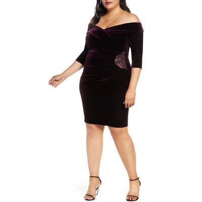 Plus Size Alex Evenings Off The Shoulder Velvet Cocktail Dress, Purple