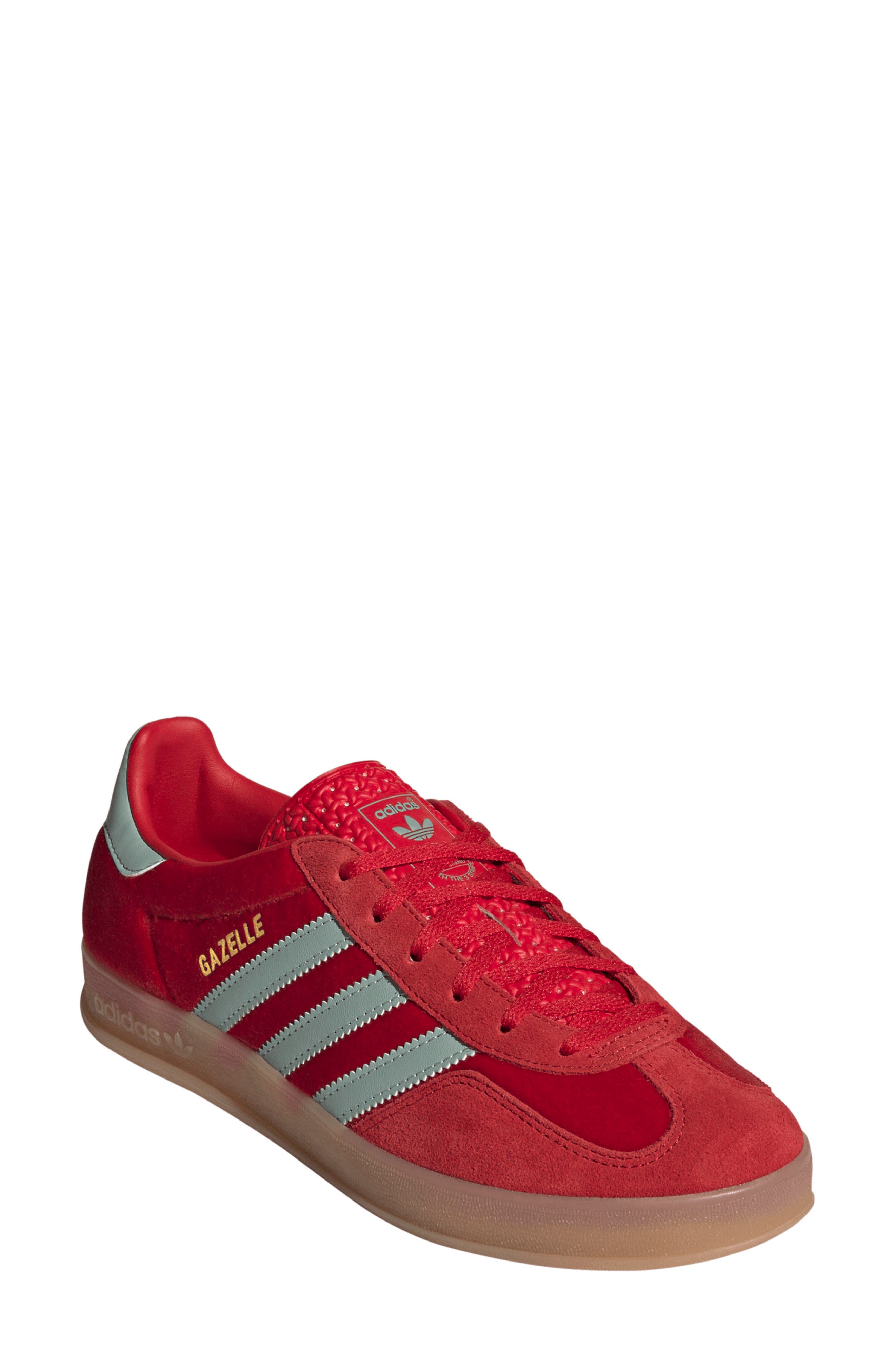 adidas Gazelle Indoor Sneaker in Scarlet/Hazy Green/Gum 