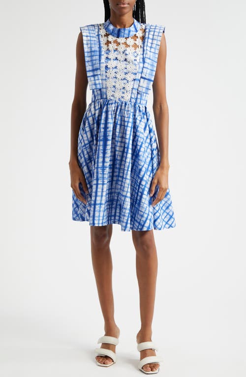 Tutu Floral Appliqué Grid Print Cotton Dress in Blue/White