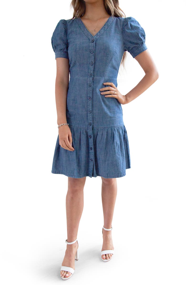 RACHEL PARCELL Chambray Shirtdress, Main, color, MEDIUM WASH