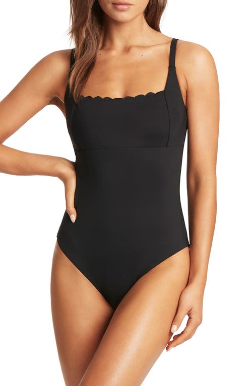 Scalloped Square Neck One-Piece Swimsuit in Black
