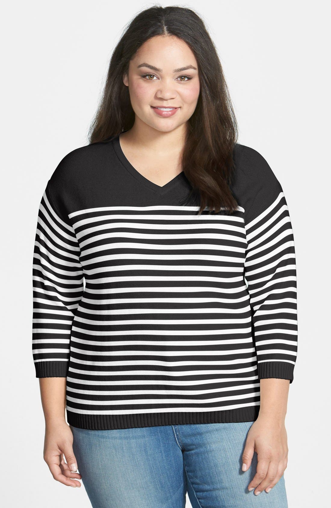 Vince Camuto Stripe V-Neck Sweater (Plus Size) | Nordstrom