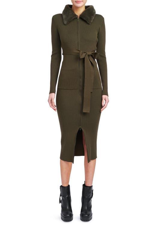 En Saison Long Sleeve Belted Midi Dress with Faux Fur Collar in Olive at Nordstrom, Size X-Small