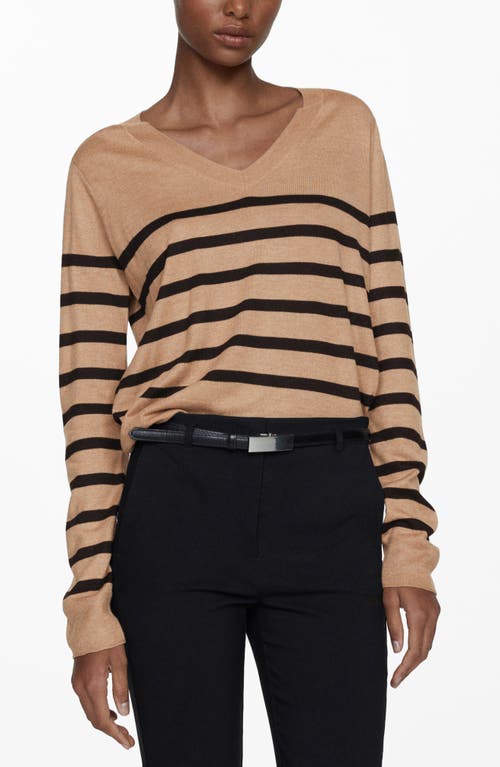 Mango Stripe V-neck Sweater In Brown