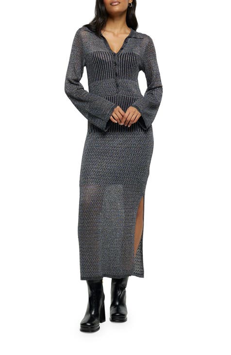 Stella Metallic Long Sleeve Midi Sweater Dress