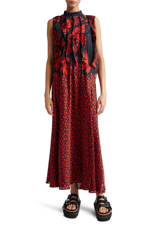 Floral Print Pleated Maxi Dress in Red