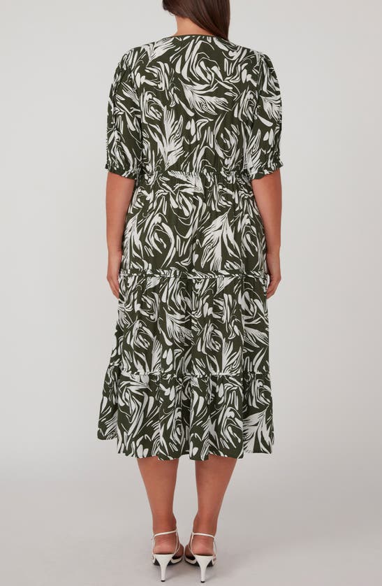 Shop Estelle Abstract Print Empire Waist Midi Dress In Olive/ Milk