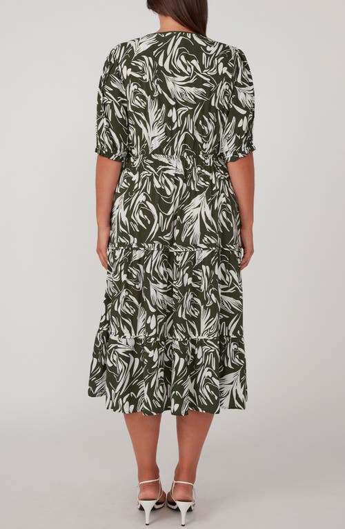 Shop Estelle Abstract Print Empire Waist Midi Dress In Olive/milk