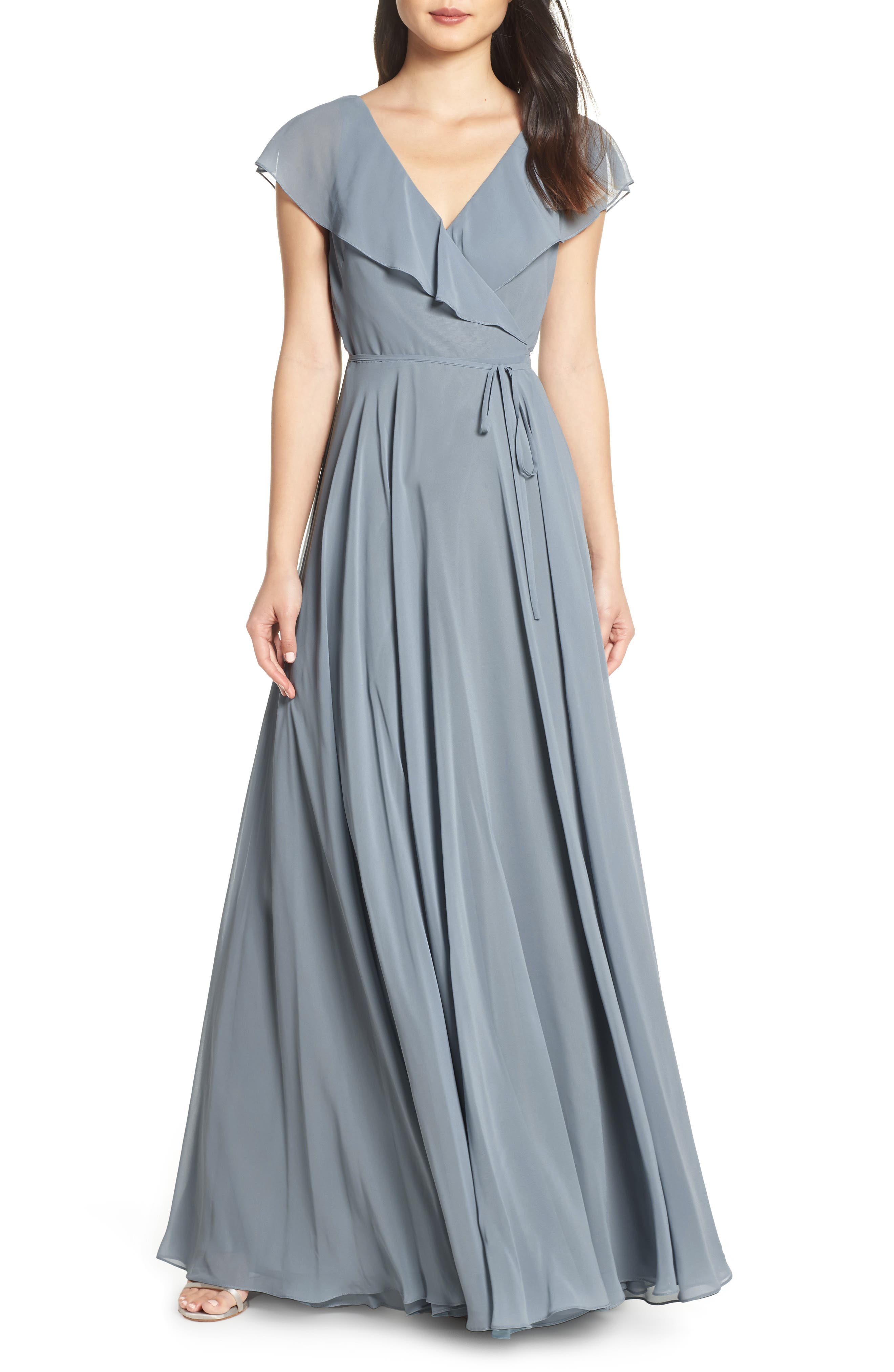 Jenny Yoo Faye Ruffle Wrap Chiffon Evening Dress, Blue