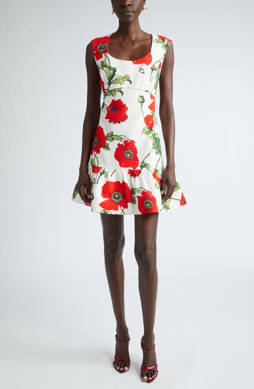 Shop Oscar De La Renta Poppy Print Cap Sleeve Flounce Hem Cotton Blend Minidress In White/red