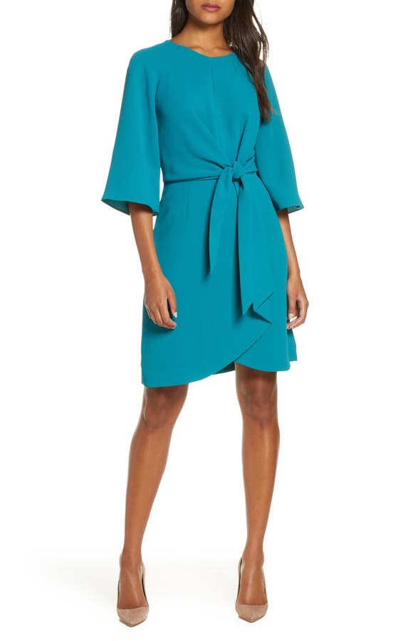 Tahari Tie Front Crepe Sheath Dress In Turquoise
