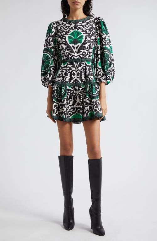 Alice + Olivia Shayla Pleated Long Sleeve Tiered Dress in Monarch Light Emerald Medium