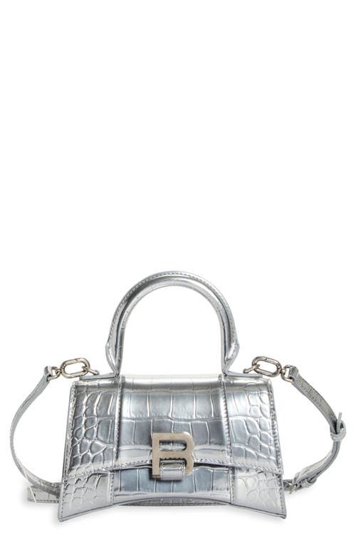 Balenciaga Extra Small Hourglass Croc Embossed Metallic Leather Top Handle Bag in Silver at Nordstrom