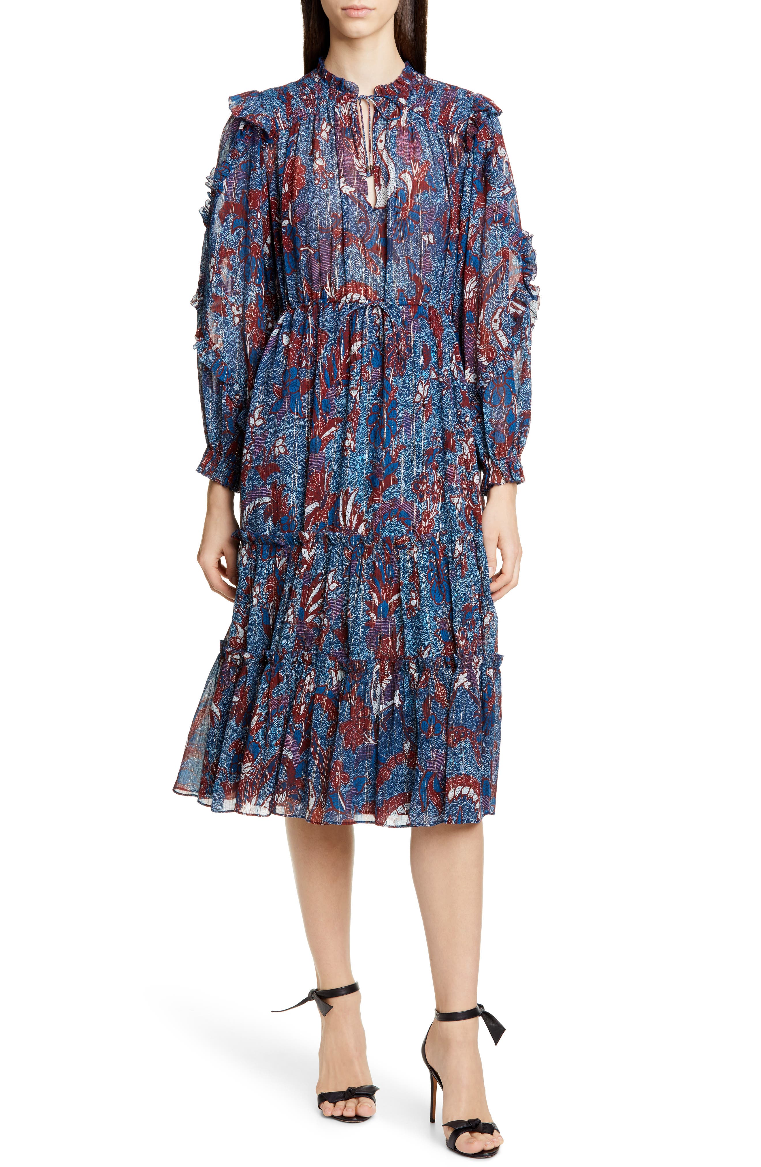 Ulla Johnson Paola Ruffle Long Sleeve Midi Dress, Blue