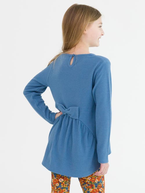 Shop Rufflebutts Toddler Girls Waffle Knit Long Sleeve Bow Back Top In Countryside Blue Waffle