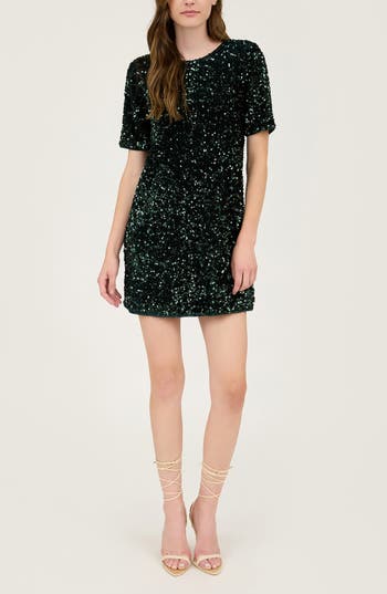 August Sky Back Bow Sequin Minidress In Hunter Green