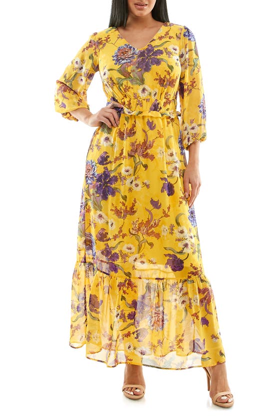 Nina Leonard Floral V-neck Maxi Dress In Lemon Multi